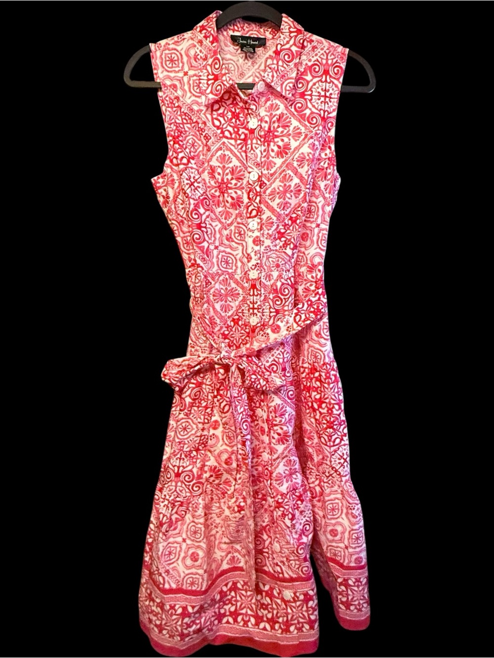 Jessica Howard Red Pink White Sleeveless Midi Dress Button Down Tie Belt Waist